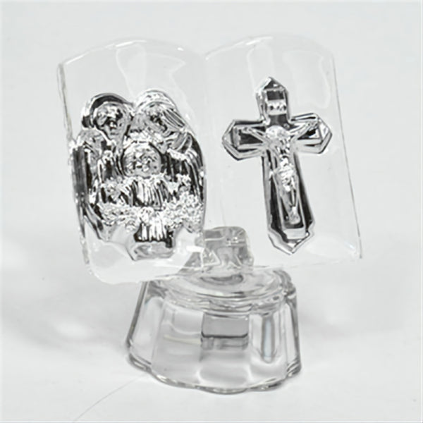 Silver Plated Holy Family & Cross on Glass Bible Stand home ornament bomboniere favours gifts