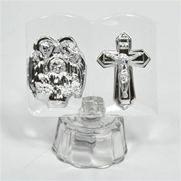 Silver Plated Holy Family & Cross on Glass Bible Stand home ornament bomboniere favours gifts