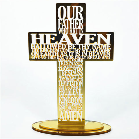 Gold Our Father Prayer Standing Cross with Mirror Acrylic Base Stand Plaque Ornament Sign The Lords Prayer writing