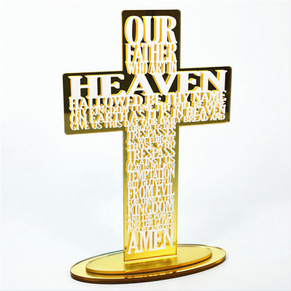 Gold Our Father Prayer Standing Cross with Mirror Acrylic Base Stand Plaque Ornament Sign The Lords Prayer writing