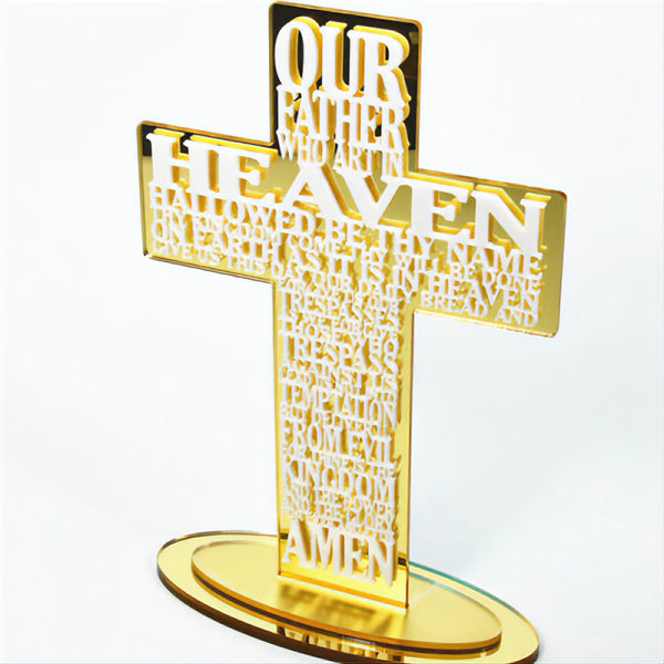 Gold Our Father Prayer Standing Cross with Mirror Acrylic Base Stand Plaque Ornament Sign The Lords Prayer writing