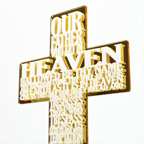 Gold Our Father Prayer Standing Cross with Mirror Acrylic Base Stand Plaque Ornament Sign The Lords Prayer writing