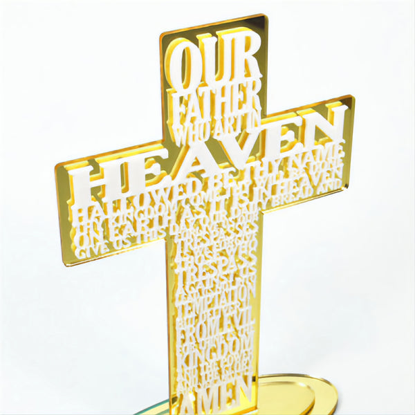 Gold Our Father Prayer Standing Cross with Mirror Acrylic Base Stand Plaque Ornament Sign The Lords Prayer writing