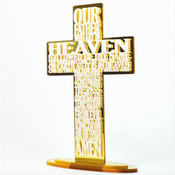 Gold The Lord's Prayer Standing Cross & Acrylic Mirror Base