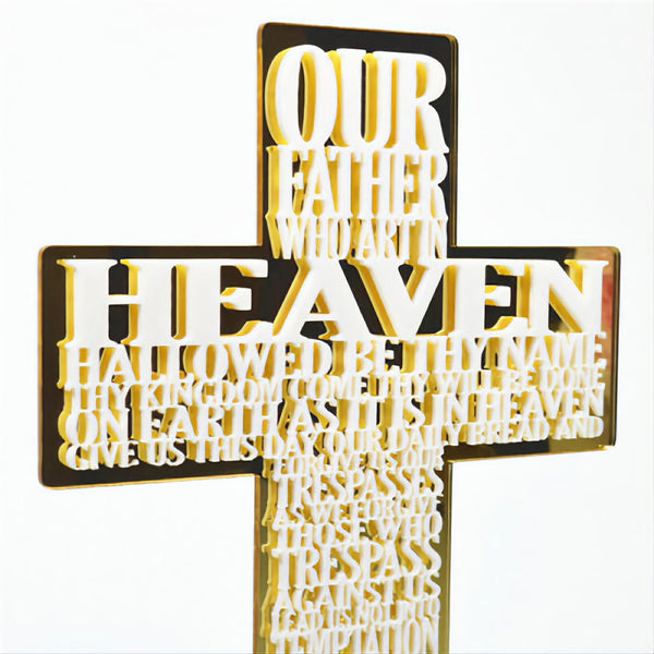 Gold Our Father Prayer Standing Cross with Mirror Acrylic Base Stand Plaque Ornament Sign The Lords Prayer writing