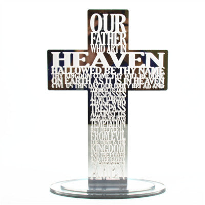 Silver Our Father Prayer Standing Cross with Mirror Acrylic Base Stand Plaque Ornament Sign The Lords Prayer writing