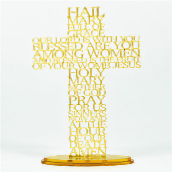 Gold Hail Mary Laser Cut Mirror Finish Acrylic Cross on Oval Base Stand religious laser cut writing