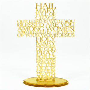 Gold Hail Mary Laser Cut Mirror Finish Acrylic Cross on Oval Base Stand religious laser cut writing