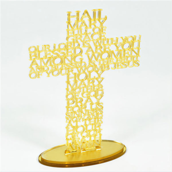 Gold Hail Mary Laser Cut Mirror Finish Acrylic Cross on Oval Base Stand religious laser cut writing