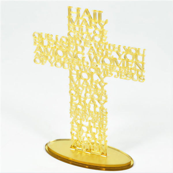 Gold Hail Mary Laser Cut Mirror Finish Acrylic Cross on Oval Base Stand religious laser cut writing