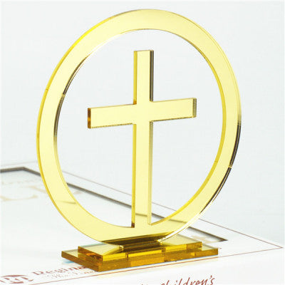 Acrylic Mirror Finish Round Gold Cut Religious Catholic Standing Cross on Stand 