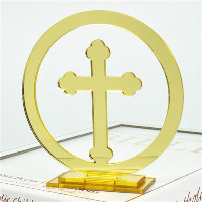 Acrylic Mirror Finish Round Gold Cut Religious Orthodox Standing Cross on Stand 