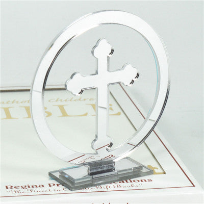 ACRYLIC MIRROR FINISH ROUND SILVER CUT RELIGIOUS  ORTHODOX STANDING CROSS ON STAND