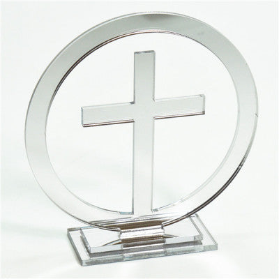 ACRYLIC MIRROR FINISH ROUND SILVER CUT RELIGIOUS  CATHOLIC STANDING CROSS ON STAND