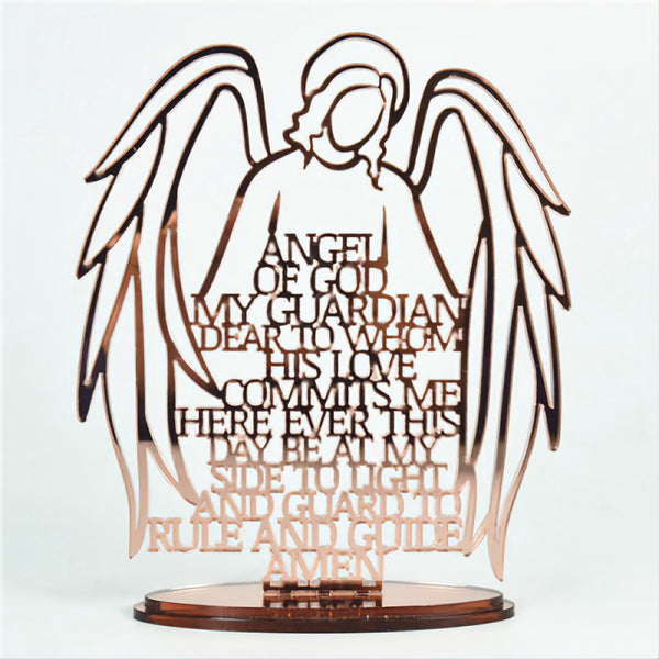 Rose Gold Religious Laser Cut Guardian Angel Prayer on Acrylic Mirror Base Stand