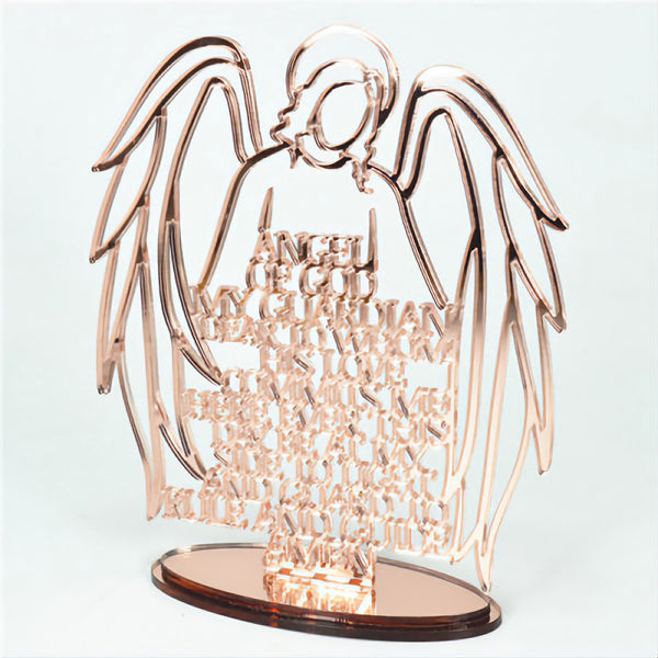 Rose Gold Religious Laser Cut Guardian Angel Prayer on Acrylic Mirror Base Stand