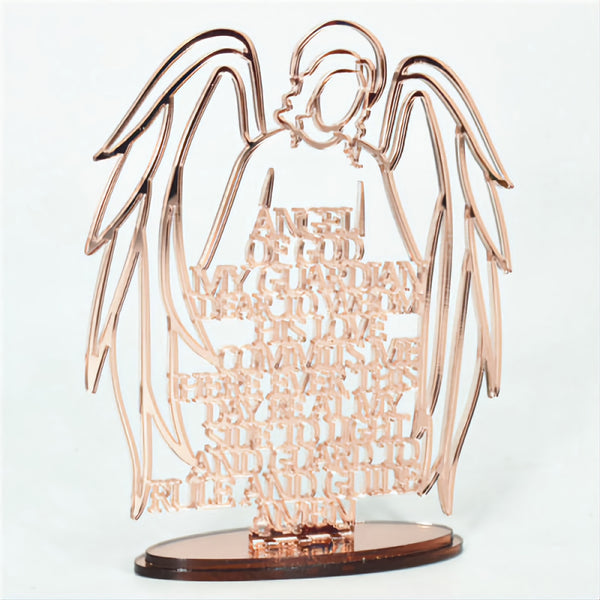 Rose Gold Religious Laser Cut Guardian Angel Prayer on Acrylic Mirror Base Stand