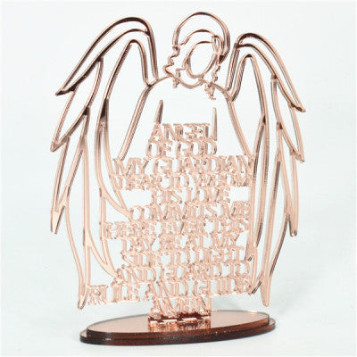 Rose Gold Religious Laser Cut Guardian Angel Prayer with Acrylic Mirror Base Stand Rose Gold Acrylic Mirror Finish Guardian Angel Stand With Gold Writing Cut Through