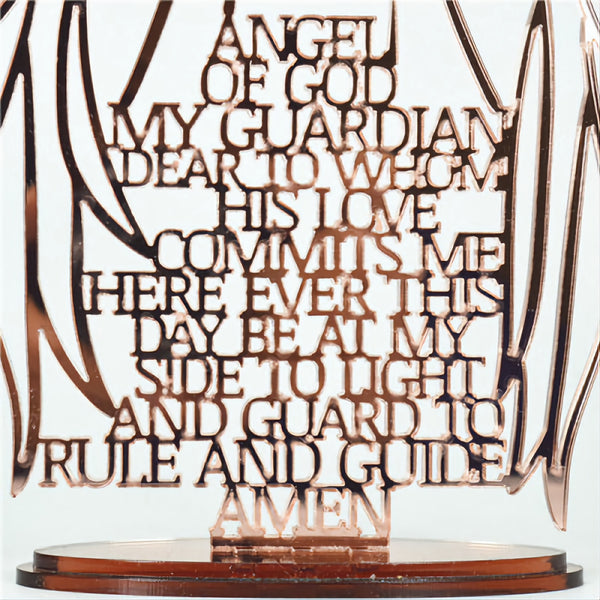 Rose Gold Religious Laser Cut Guardian Angel Prayer on Acrylic Mirror Base Stand