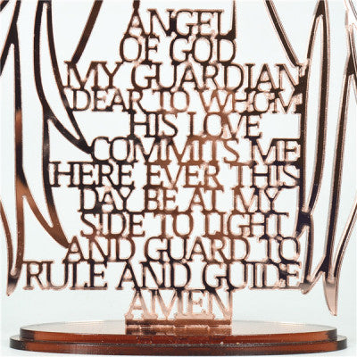 Rose Gold Religious Laser Cut Guardian Angel Prayer with Acrylic Mirror Base Stand Rose Gold Acrylic Mirror Finish Guardian Angel Stand With Gold Writing Cut Through