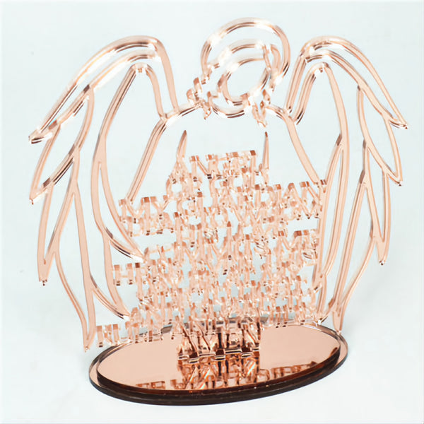 Rose Gold Religious Laser Cut Guardian Angel Prayer on Acrylic Mirror Base Stand