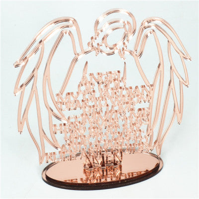 Rose Gold Religious Laser Cut Guardian Angel Prayer with Acrylic Mirror Base Stand Rose Gold Acrylic Mirror Finish Guardian Angel Stand With Gold Writing Cut Through