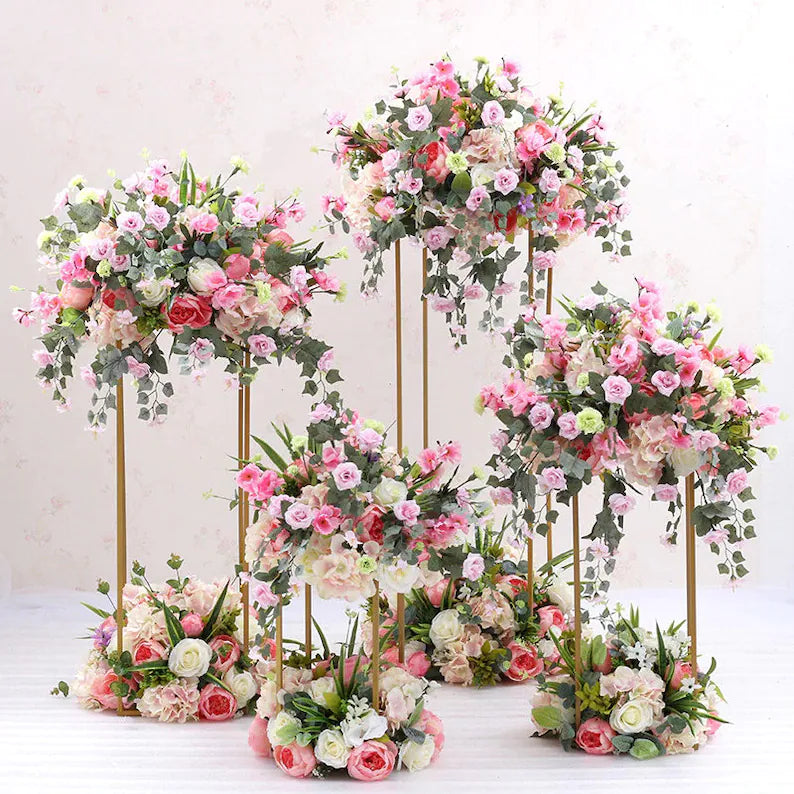 Set 4 Gold Metal Flower Centrepiece Plinths Display Stands