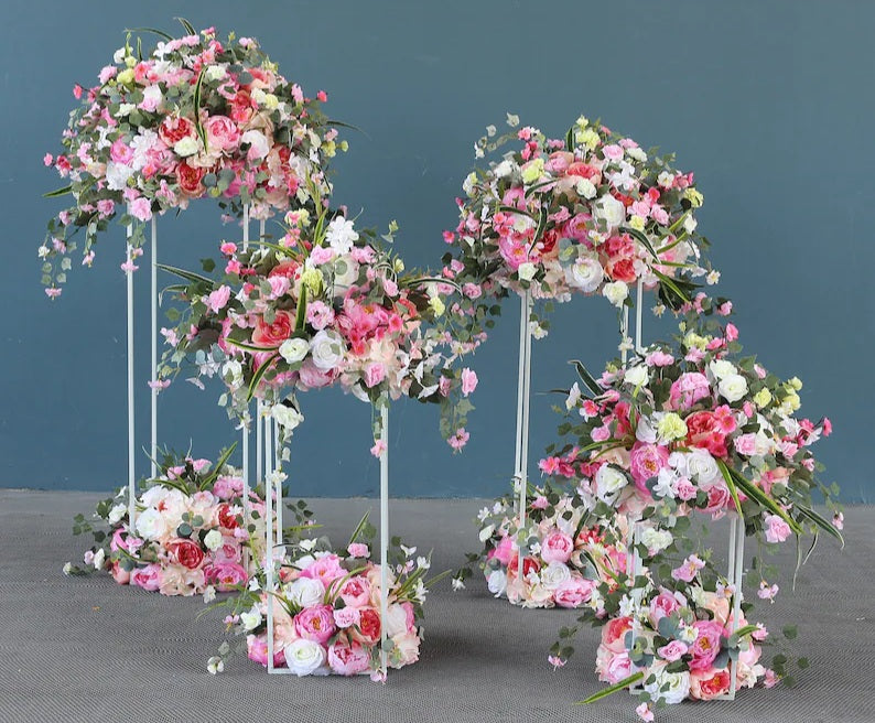 Set 4 White Metal Flower Centrepiece Plinths Display Stands