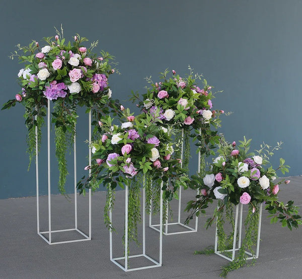 Set 4 White Metal Flower Centrepiece Plinths Display Stands